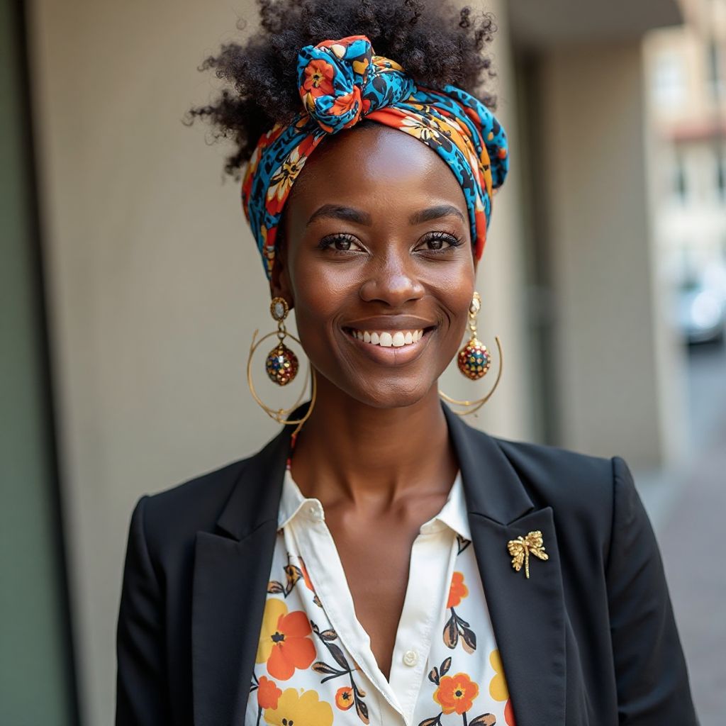 Leila Okafor, female digital storyteller with colorful headscarf smiling